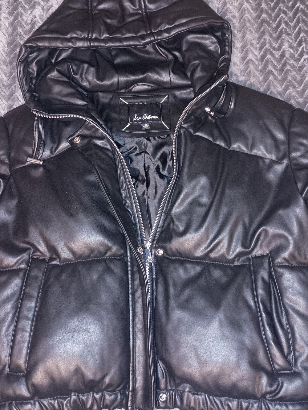 NWOT Sam Edelman LEATHER PUFFFER COAT/Black Womens Size M